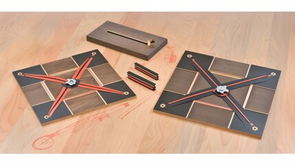 A detailed layout of precision woodworking tools on a wooden surface, showcasing craftsmanship and design.