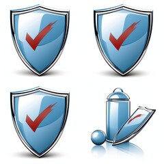 Four glossy shields with a check mark, representing security and validation.