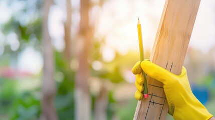 A close-up of a person’s hand in a yellow glove, holding a wooden plank and marking it with a pencil.