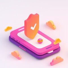 Colorful digital security concept featuring a shield on a smartphone with a checkmark, surrounded by playful cloud shapes.