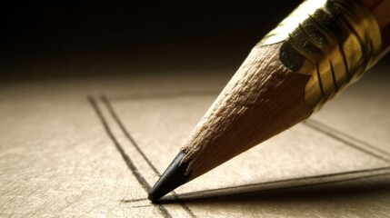 Close-up of a sharpened pencil drawing lines on textured paper, creating a creative and artistic atmosphere.