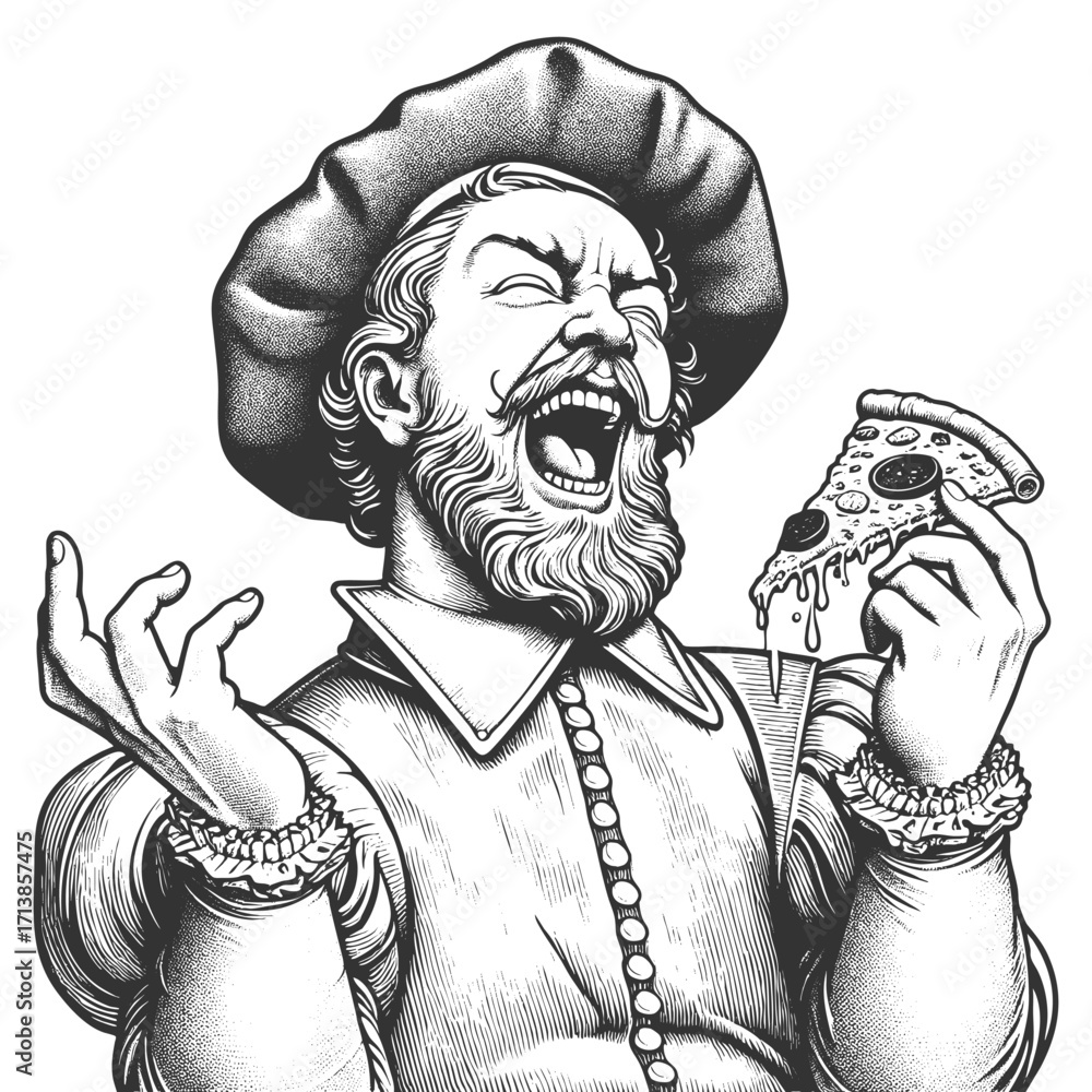 Aufkleber joyful renaissance man with beard and hat holding a slice of pizza while laughing sketch engraving g