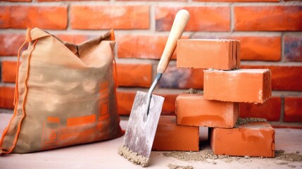 Construction tools featuring a mortar mix bag and stacked orange bricks with a trowel, showcasing a vibrant building scene.
