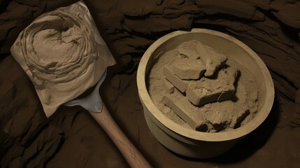 Close-up of a wooden tool and bowl filled with clay, showcasing an artistic setting and natural textures.