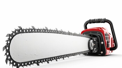 Close-up of a vibrant red chainsaw with an intricate chain, showcasing its powerful design and precision engineering.