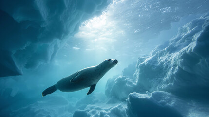Obraz premium Polar Seal Swimming Beneath Icebergs in Crystal Clear Arctic Water