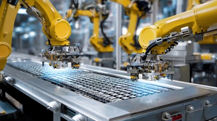 Two robots are working on a conveyor belt