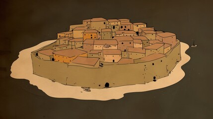 An abstract illustration of a small, circular island village with colorful houses surrounded by calm waters.