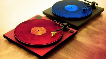 Two vibrant turntables, one red and one blue, set against a warm wooden background, radiating creativity and nostalgia.
