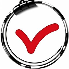 A vibrant red checkmark encircled by a black and white ring, symbolizing approval and success.