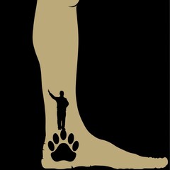 A silhouette of a man standing on a giant paw print, symbolizing the connection between humans and nature.