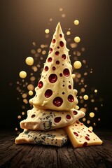A whimsical tower of cheese featuring a cheese cone with holes and colorful accents, surrounded by floating cheese spheres.