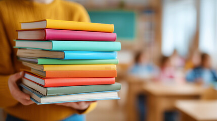 Teacher Holding a Stack of Colorful Books in a Bright Classroom Environment