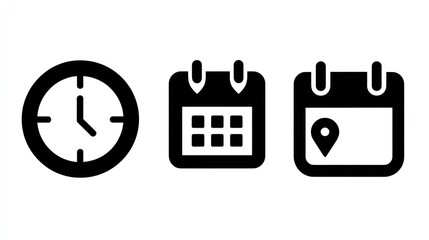 Time and Schedule: A sleek black and white composition showcasing a clock, calendar, and location marker, symbolizing the concepts of time management, appointment scheduling, and event planning. 