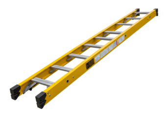Isolated yellow fiberglass ladder with gray rungs for painting or home construction work