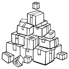 Obraz premium Cartoon style drawing showing an enormous stacked pile of taped cardboard packages and delivery boxes
