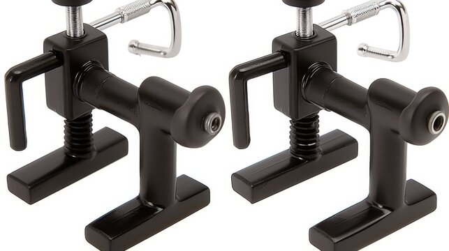 Two sturdy black clamps positioned side by side, showcasing their sleek design and adjustable screw mechanisms.