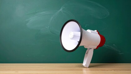 A megaphone rests on a wooden surface before a green chalkboard, symbolizing communication and announcements in educational or public settings.