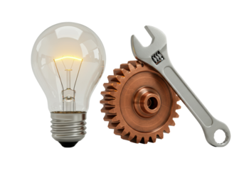 Isolated Idea of fixing it with wrench and gear of innovation and bright solution fix