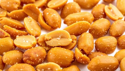 A close-up of salted peanuts showcases their textured, golden-brown surface, illustrating a crunchy snack ready for enjoyment.