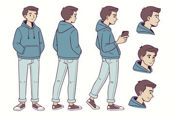 Young man in teal hoodie and light blue jeans standing in various poses showcasing casual style and modern youth culture