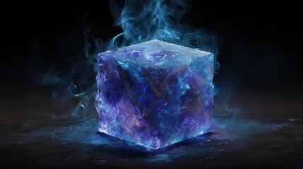 Obraz premium Cosmic Cube: A mystical, glowing cube radiating an otherworldly energy, framed against a dark, enigmatic backdrop with mesmerizing, ethereal vapor.