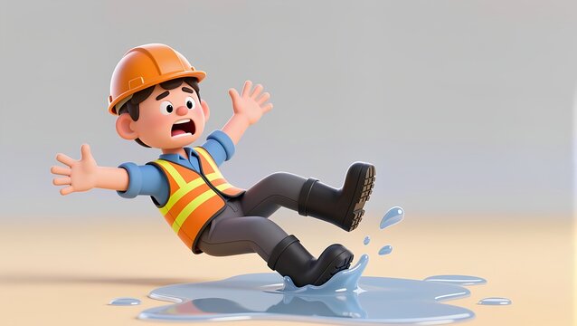 Construction worker slip and fall on wet floor. Safety first, accident caution at construction site. 3D cute cartoon character.