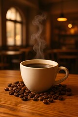An aesthetic photo featuring a warm cup of coffee with soft steam rising gracefully. The simple cream-colored cup sits on a wooden table, surrounded by scattered coffee beans. The café background, wit