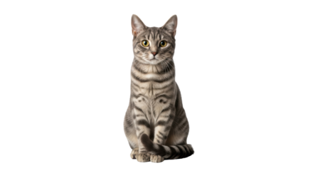 Isolated gray tabby cat sitting upright, looking alert, focused animal awareness with whiskers