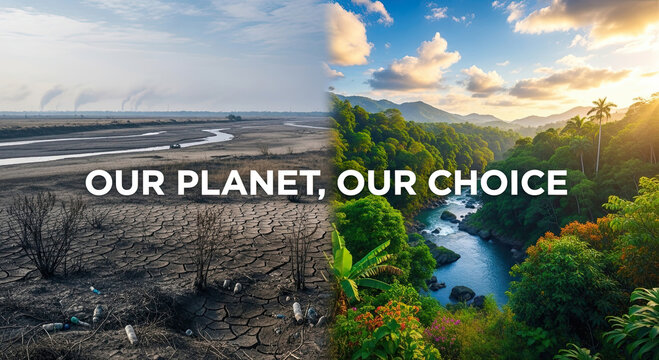 - Parched land and lush forest splitscreen environmental contrast