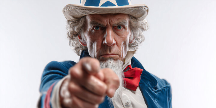 Close-up, portrait of the Uncle Sam dressed in the colors of the USA flag in action pose, pointing at the camera saying I Want You. Isolated on white background with copy space. Generative Ai.
