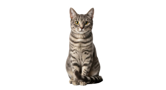 Isolated gray tabby cat sitting upright, looking alert, focused animal awareness with whiskers - Powered by Adobe