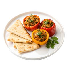 Stuffed Bell Peppers With Flatbread and Parsley Garnish on White Plate stuffed peppers food