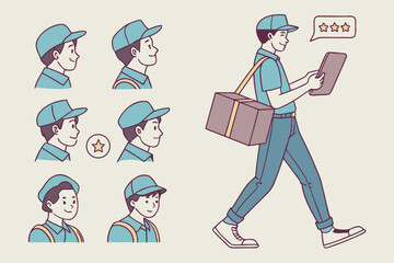 Happy delivery man carrying a package and using a tablet walking and smiling representing efficiency and customer satisfaction