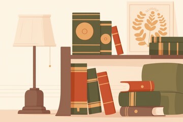 A cozy bookshelf filled with vintage books and a warm lamp, creating a serene reading nook atmosphere.