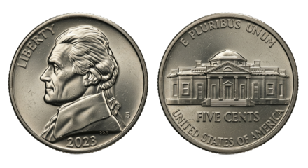 The 2023 US nickel shows Jefferson and Monticello under clear details.