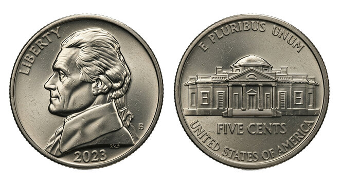 The 2023 US nickel shows Jefferson and Monticello under clear details.