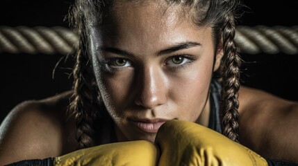 Intense Close-up of Female Boxer with Braids and Yellow Gloves
