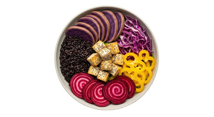 Isolated grain bowl with purple potatoes, black rice, and tofu, healthy and delicious dish
