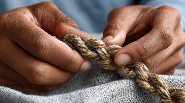 Close-up of african adult male hands braiding natural fiber rope