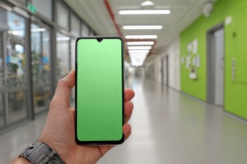 Hand holding smartphone in a modern corridor with bright green wall and empty hall during the day