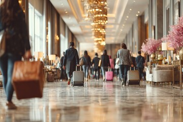 Busy hotel lobby filled with travelers and luggage during a bustling afternoon