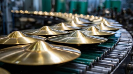 A row of gold colored cymbals are being made in a factory