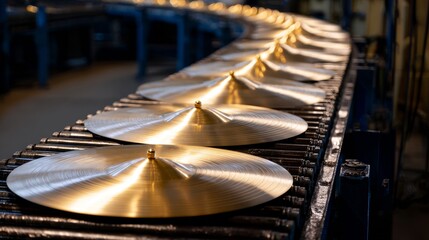 A row of gold cymbals are on a conveyor belt