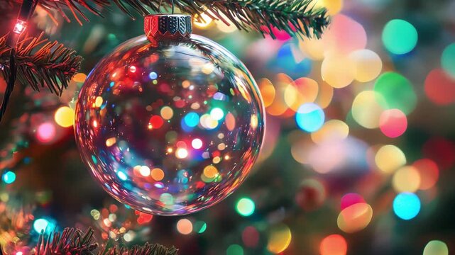 Shiny Christas ornament hangs from a decorated tree as lights twinkle in the background during the December holiday season