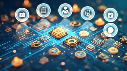 Digital technology circuit board with glowing icons for network communication concept - Powered by Adobe