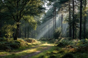 Obraz premium Sunlight streams through trees in a serene forest path during early morning hours in the countryside