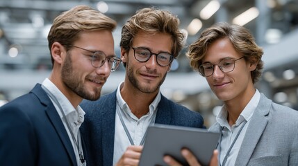 Three young caucasian males in smart attire collaborating on tablet in modern office