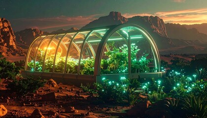 A futuristic greenhouse on Mars glowing with bioluminescent plants, viewed through a transparent d