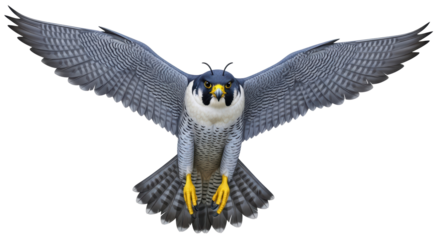 Isolated Peregrine Falcon in Flight, Wings Spread Showing Feather Detail and Powerful Yellow Talons